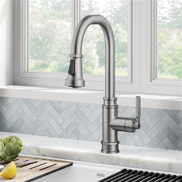 Kraus Allyn Spot-Free Stainless Steel Industrial 1-Handle Deck Mount Pull-Down Handle/Lever Residential Kitchen Faucet