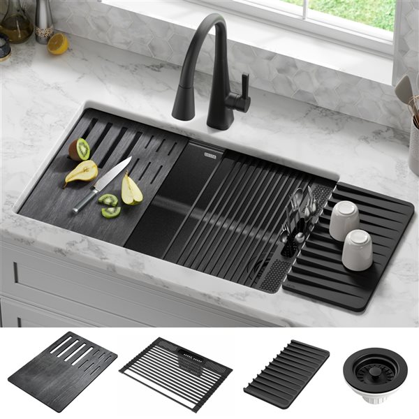 Delta Everest Undermount 29-in x 16-in Black Granite Composite Single Bowl Workstation Kitchen Sink - Drainboard Included