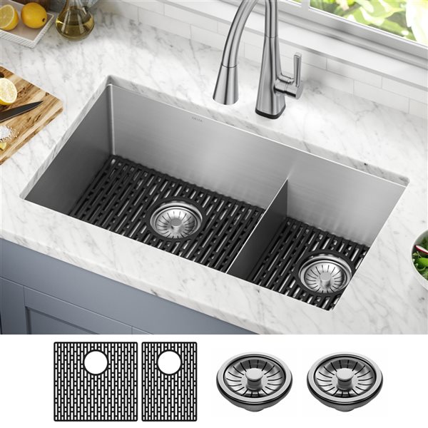 Delta Lenta Undermount 32-in x 17-in Stainless Steel Double Offset Bowl Kitchen Sink