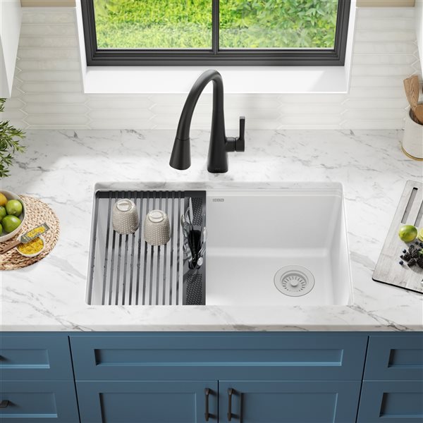 Delta Everest Undermount 29-in x 16-in White Granite Composite Single Bowl Workstation Kitchen Sink - Drainboard Included