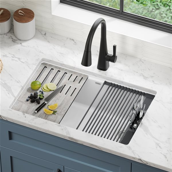 Delta Everest Undermount 29-in x 16-in White Granite Composite Single Bowl Workstation Kitchen Sink - Drainboard Included