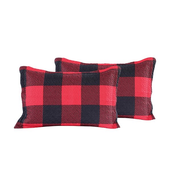 Marina Decoration Printed Embossed Pinsonic King Size Quilt Set - Red Black Plaid Pattern