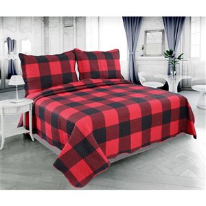 Marina Decoration Printed Embossed Pinsonic King Size Quilt Set - Red Black Plaid Pattern