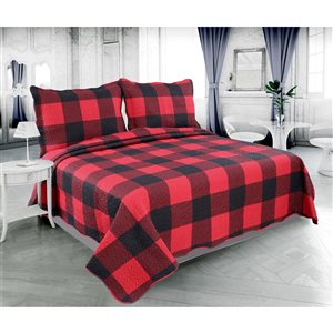Marina Decoration Printed Embossed Pinsonic Queen/Full Size Quilt Set - Red Black Plaid Pattern
