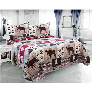Marina Decoration Printed Embossed Pinsonic Queen/Full Size Quilt Set - Cabin Moose Bear Pattern