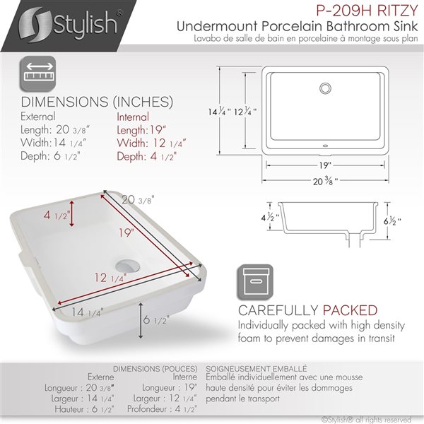 Stylish Ritzy White Porcelain Undermount Rectangular Bathroom Sink (20.37-in x 14.25-in)