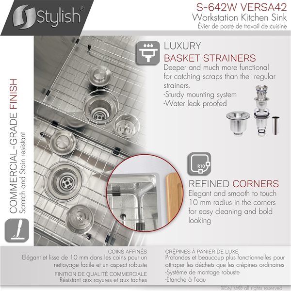 Stylish 42-in x 19-in Stainless Steel Double Bowl Undermount Kitchen Sink  S-642W