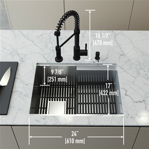 VIGO Hampton 24 in. St. Steel Sink with Edison Faucet and Soap Dispenser in MB