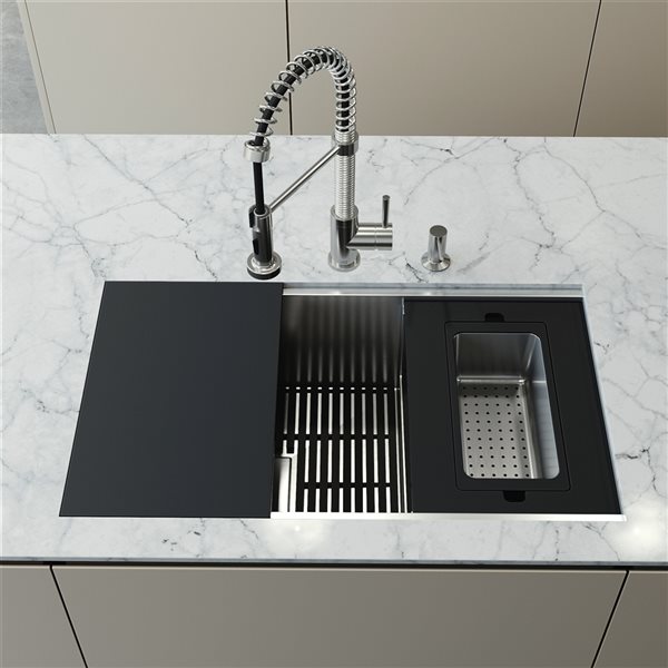 VIGO Hampton 32 in. St. Steel Sink with Edison Faucet and Soap Dispenser in ST