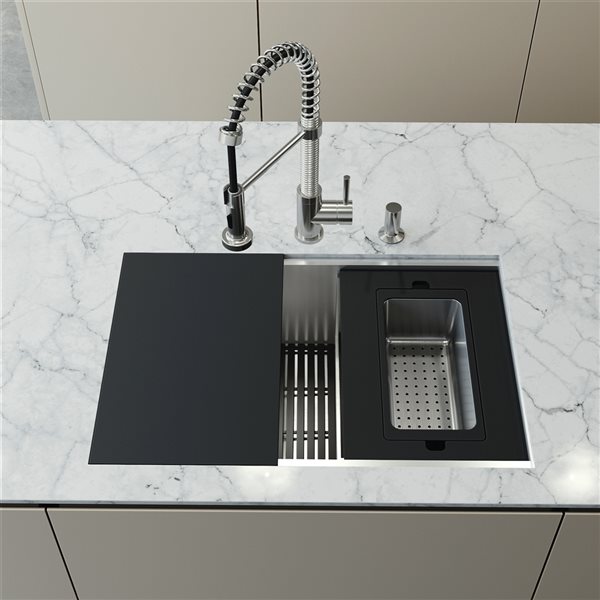 VIGO Hampton 28 in. St. Steel Sink with Edison Faucet and Soap Dispenser in ST