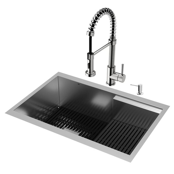 VIGO Hampton 28 in. St. Steel Sink with Edison Faucet and Soap Dispenser in ST