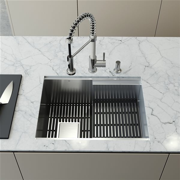 VIGO Hampton 24 in. St. Steel Sink with Edison Faucet and Soap Dispenser in ST