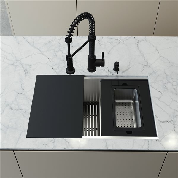 VIGO Hampton 28 in. St. Steel Sink with Edison Faucet and Soap Dispenser in MB