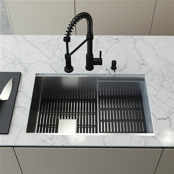 VIGO Hampton 28 in. St. Steel Sink with Edison Faucet and Soap Dispenser in MB