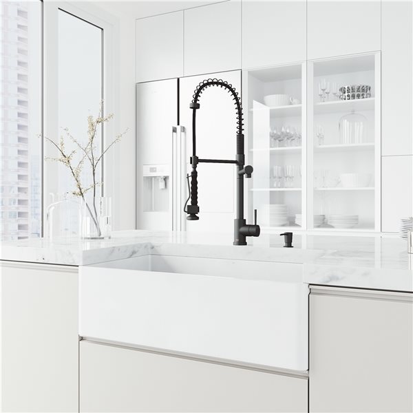 Apron Front Matte Stone 33" Single Bowl Kitchen Sink with Matte Black faucet