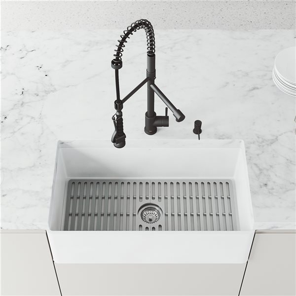 Apron Front Matte Stone 33" Single Bowl Kitchen Sink with Matte Black faucet