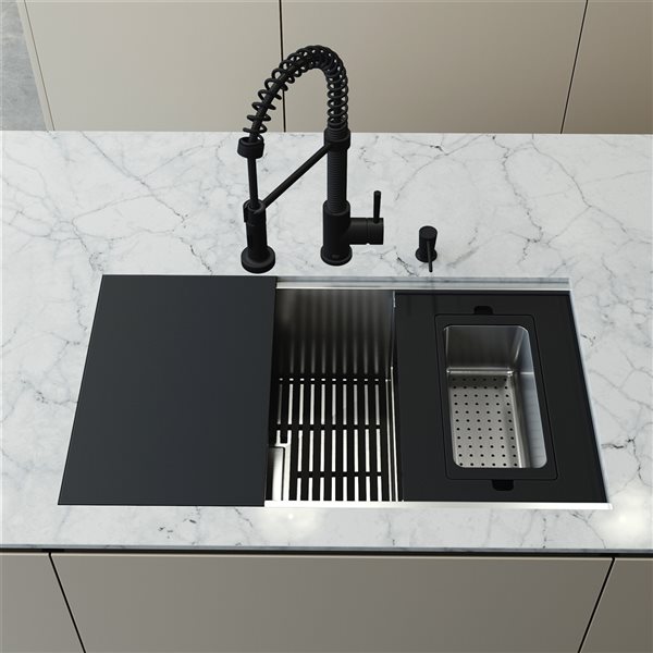VIGO Hampton 32 in. St. Steel Sink with Edison Faucet and Soap Dispenser in MB