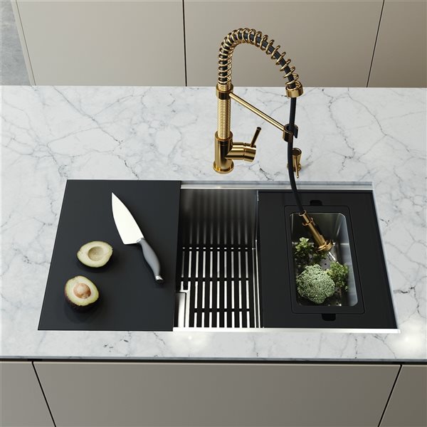 VIGO Hampton 32 in. St. Steel Sink with Edison Faucet and Soap Dispenser in MG