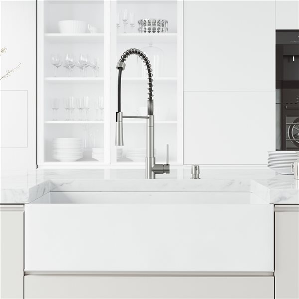 VIGO Matte Stone&nbsp;36-in W x&nbsp;18-in D Matte White Single Farmhouse Apron-Front Kitchen Sink Workstation w/Faucet