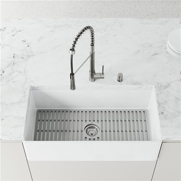 VIGO Matte Stone&nbsp;36-in W x&nbsp;18-in D Matte White Single Farmhouse Apron-Front Kitchen Sink Workstation w/Faucet