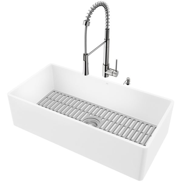 VIGO Matte Stone&nbsp;36-in W x&nbsp;18-in D Matte White Single Farmhouse Apron-Front Kitchen Sink Workstation w/Faucet