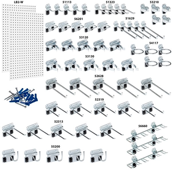 (2) 24"W x 42.5"H White Steel Square Hole Pegboards w/63 pc. LocHook Assort.