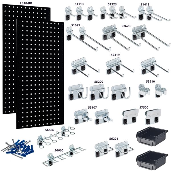 (2) 18"W x 36"H Black Steel Square Hole Pegboards w/ 30 pc. LocHook & Bin System