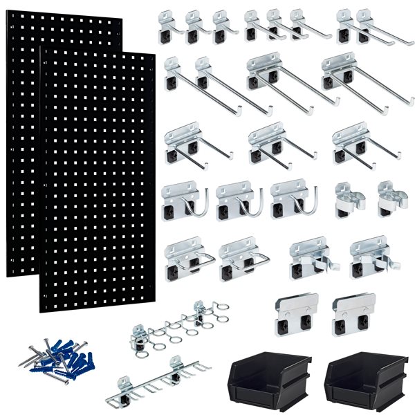 (2) 18"W x 36"H Black Steel Square Hole Pegboards w/ 30 pc. LocHook & Bin System