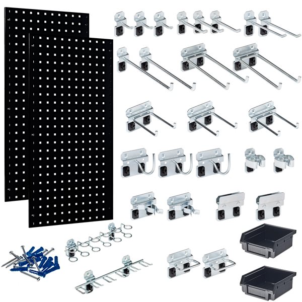 (2) 18"W x 36"H Black Steel Square Hole Pegboards w/ 30 pc. LocHook & Bin System