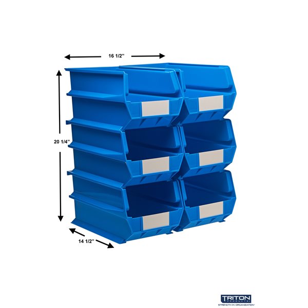 14-3/4"L x 8-1/4"W x 7"H Blue Stacking, Hanging, Interlocking Poly Bins, 6 CT