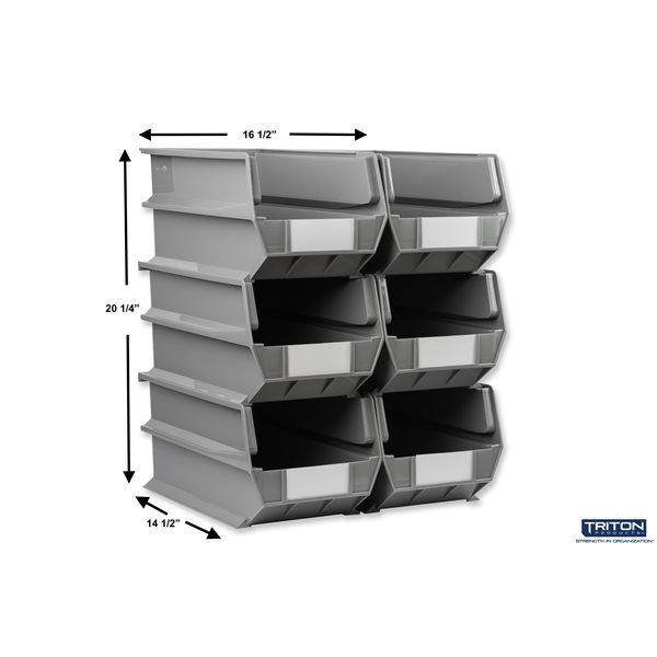 14-3/4"L x 8-1/4"W x 7"H Gray Stacking, Hanging, Interlocking Poly Bins, 6 CT