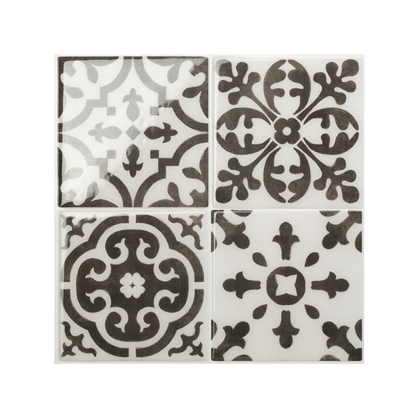 Tuiles autocollantes Vintage Argos de 9 po x 9 po noir et blanc par Smart Tiles, paquet de 4