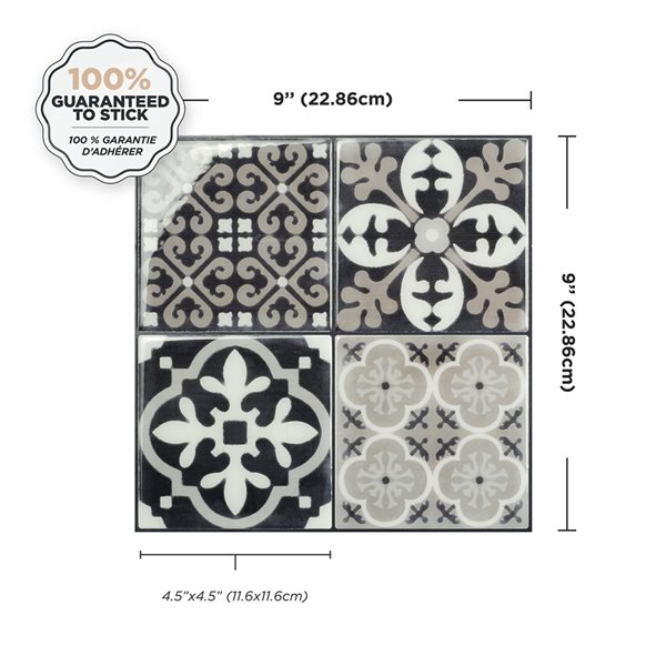 Tuiles autocollantes Vintage Arezzo de 9 po x 9 po gris et blanc par Smart Tiles, paquet de 4