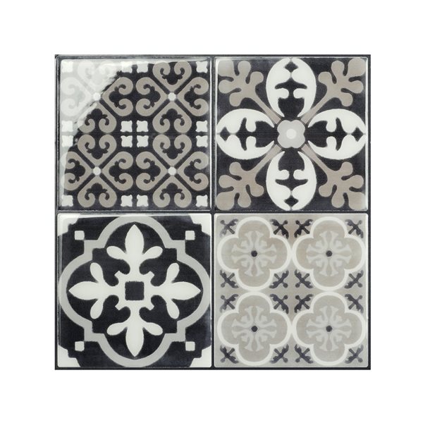 Tuiles autocollantes Vintage Arezzo de 9 po x 9 po gris et blanc par Smart Tiles, paquet de 4