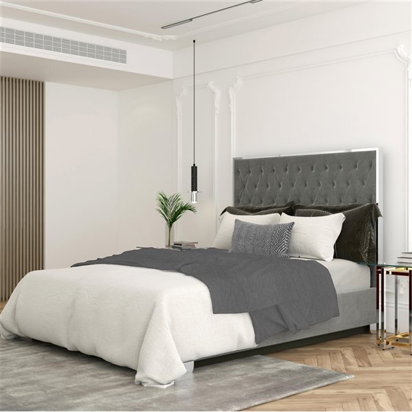 !nspire Grey and Silver Contemporary Velvet Queen Platform Bed