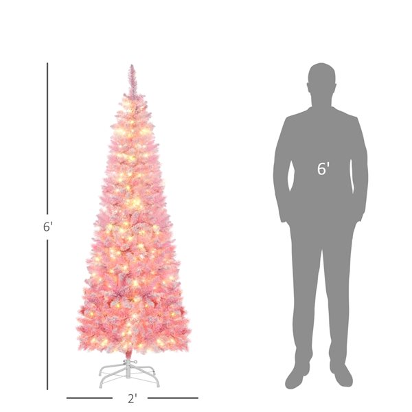 Arbre de Noël artificiel mince de 6 pi avec lumière DEL par HOMCOM, rose