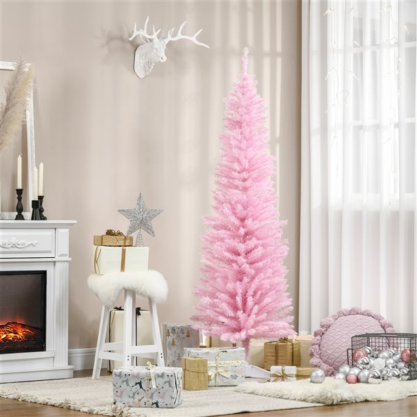 HOMCOM 6-ft Slim Artificial Christmas Tree - Pink