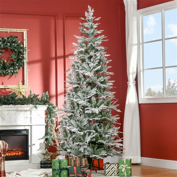 HOMCOM 7.5 Foot Snow Flocked Artificial Christmas Tree Holiday with Pencil Shape