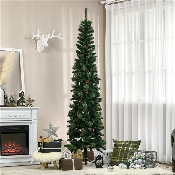 HOMCOM 7.5-ft Artificial Slim Christmas Tree with Pine Cones