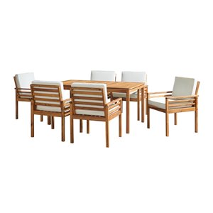 Alaterre Okemo Natural Wood Frame Patio Dining Set with Tan Cushions Included - 7-Piece