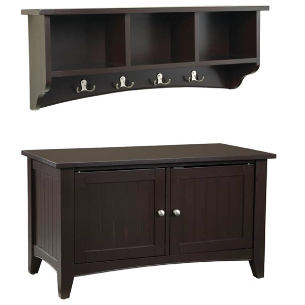 Alaterre Shaker Cottage Chocolate 4-Hook Hook Rack with Storage and Cabinet Bench
