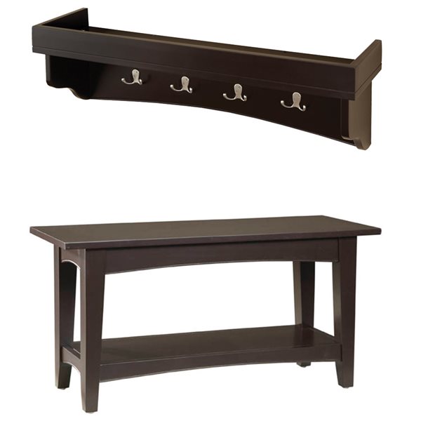 Alaterre Shaker Cottage Chocolate 4-Hook Hook Rack with Tray Shelf and ...