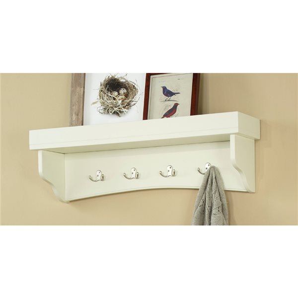 Alaterre Shaker Cottage Ivory 4-Hook Hook Rack with Tray Shelf