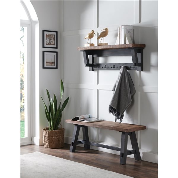 Alaterre Adam Rustic Natural 5-Hook Hook Rack with Shelf and Bench