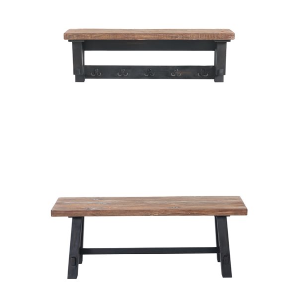 Alaterre Adam Rustic Natural 5-Hook Hook Rack with Shelf and Bench
