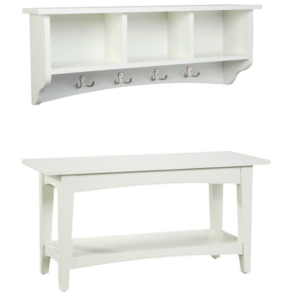 Alaterre Shaker Cottage Ivory 4-Hook Hook Rack with Storage and Bench