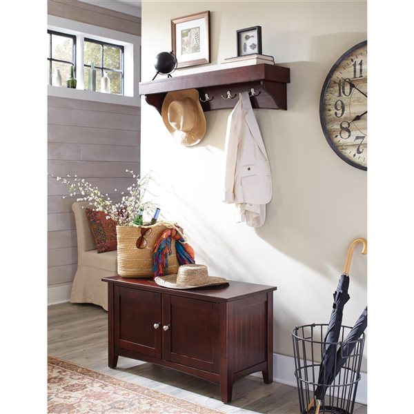 Alaterre Shaker Cottage Rustic Espresso Hook Rack with Tray Shelf and Bench