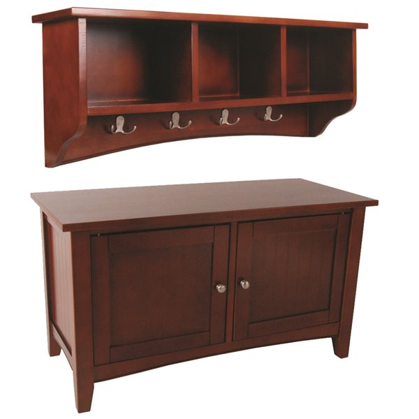 Alaterre Shaker Cottage Cherry 4-Hook Hook Rack with Storage and Cabinet Bench