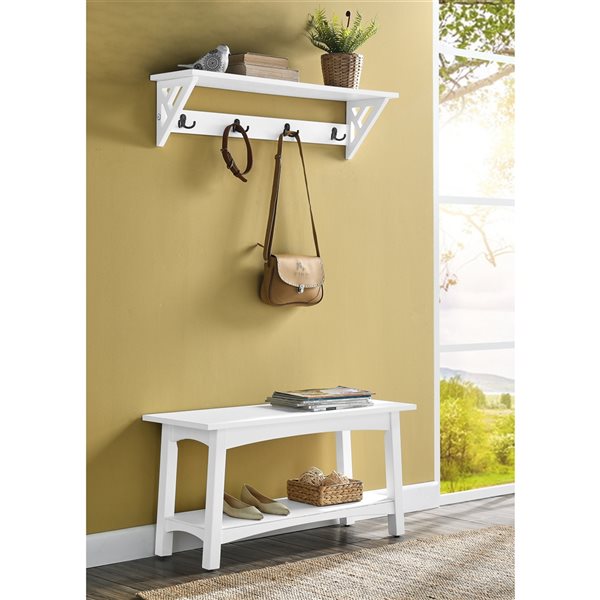 Alaterre Coventry White 4-Hook Hook Rack with Shelf and Bench
