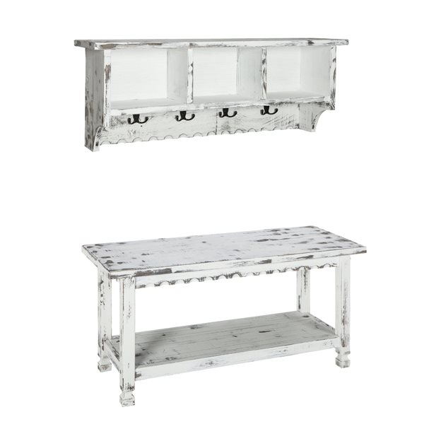 Alaterre Country Cottage Antique White 4-Hook Hook Rack with Storage and Bench